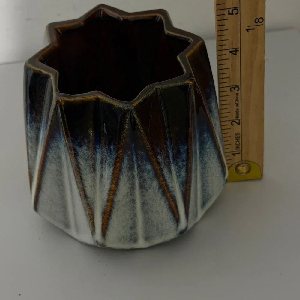 Ceramic Star Planter Vase OS Blue White Black Geometric Drip Glaze